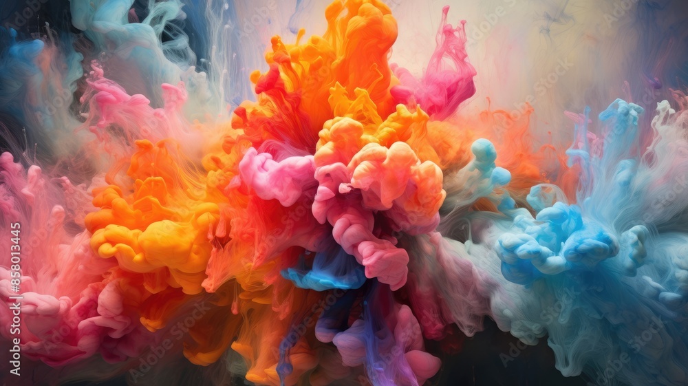 Poster explosive color burst in orange and blue. horizontal image of exploding motion of multicolored powde