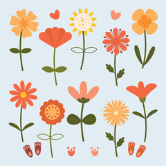 Vector Isolated set with cute spring flowers and animal prints. Perfect baby fabric