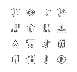 Set of house heating related icons, heat supply, heating boiler, water heater, gas and electric heating and linear variety vectors.
