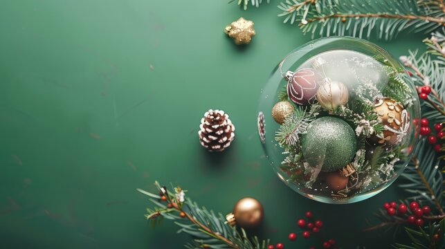 Magical snow globe with Christmas decorations, green background