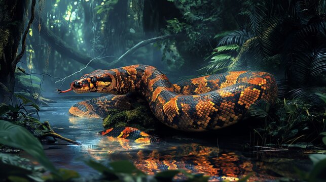 A vividly colored python with an intricate pattern slithers through a lush jungle, its scales shimmering in the dappled sunlight.