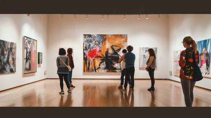 Visitors to an art gallery are looking at abstract paintings.
