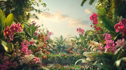 Fototapeta premium Podium adorned with orchids and ferns