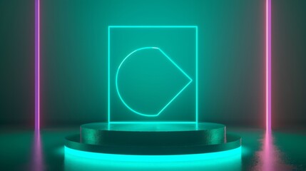 Podium with turquoise neon polygon