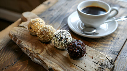 Fototapeta premium Fast food vegan truffles served with a side of coffee, presented on a rustic wooden board