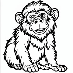 Black and white cartoon illustration of a cute monkey, perfect for children's coloring books or educational materials.