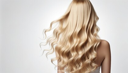 Naklejka premium long and wavy women's hair in blonde tones, back view, hair advertising shoot, isolated white background 