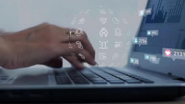 Businesswoman uses computer analyze SEO Search Engine optimization, marketing, business, social media, media, advertising, influencer, advertisement, communication, technology, optimization,