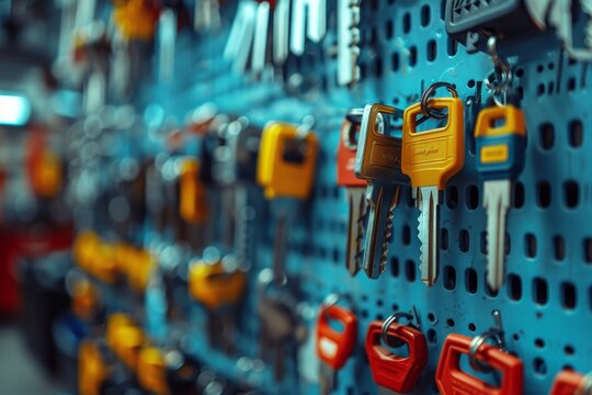 A blue wall with many keys hanging on it