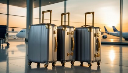 modern metallic grey color passenger suitcases on handle placed on floor against plane behind glass wall in airport
