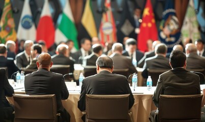 world leaders at g20 meeting discussing corporate presentations with flags in background