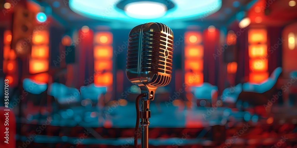 Poster 3d rendering of vintage microphone on talk show set with camera. concept photorealistic rendering, v