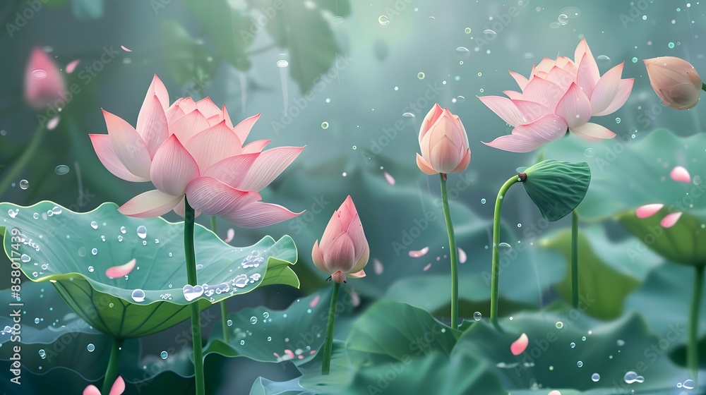 Wall mural Lotus flower on water, meditation, serenity and spirituality concept, illustration generative ai