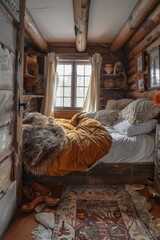 A cozy bedroom with a wooden floor and a bed with a yellow blanket