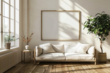 The sunlight streaming through the window illuminates a blank frame on the wall in a modern and minimalist living room