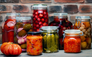 Photography of homemade food. On the table are glass jars with different types of compotes—light unusual backgrounds.