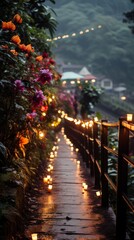 A Temple Decorated with Flowers and Lights