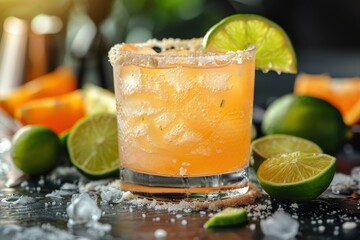 Fototapeta premium A margarita cocktail with a salted rim, served on the rocks with a wedge of lime. 