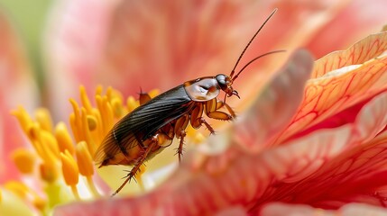 Fototapeta premium cockroach on panunculus flower