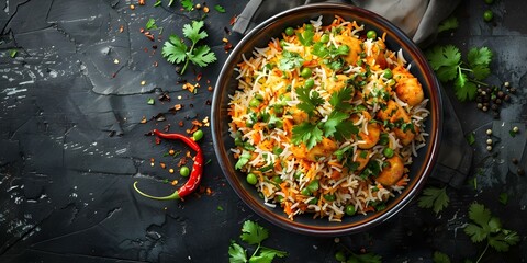 Delicious and Aromatic Spicy Indian Hyderabadi Chicken Biryani. Concept Indian Cuisine, Hyderabadi Biryani, Spicy Food, Chicken Dish, Aromatic Flavors