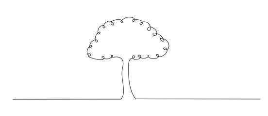 Continuous one line drawing of tree plant art style . Tree in single outline vector illustration for eco green nature concept. Editable stroke.