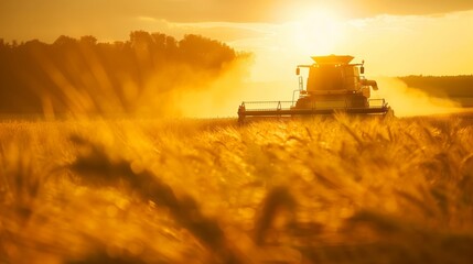 Obraz premium A combine works in a huge wheat field during sunset