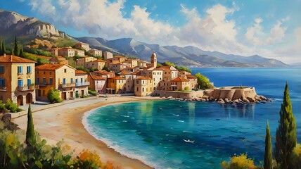 Oil painting of a small town on the Mediterranean Sea, mountains in the background, beautiful summer weather.