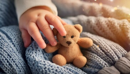 Newborn's Hand Grasping a Soft Teddy Bear on a Cozy Blanket