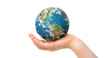 Photograph of a child's hand gently holding a globe, showcasing the Earth's continents and oceans in intricate detail, on a transparent background
