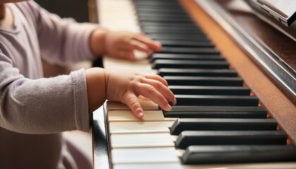 Obraz premium Tiny Fingers of a Baby on a Piano Key, Creating a First Note