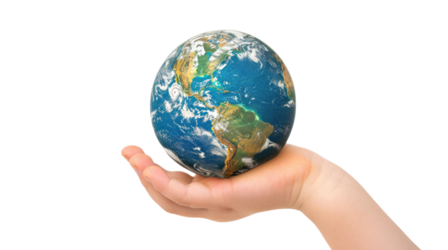 Photograph of a child's hand gently holding a globe, showcasing the Earth's continents and oceans in intricate detail, on a transparent background
