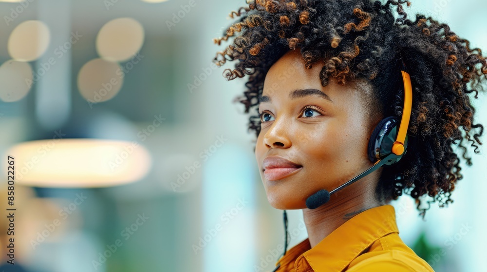 Poster focused business professional using noise-canceling headset for clear communication in remote work e