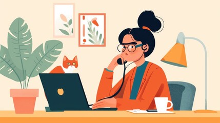 Modern remote worker solving technical issue on call in home office setting, Generative AI