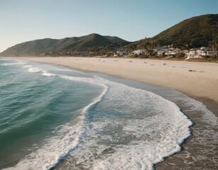 Una spiaggia caraibica con onde leggere che accarezzano la riva, sabbia dorata e palme rigogliose.
