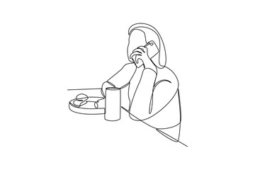 Continuous one line drawing people was having dinner while calling his friend. Family having meal around kitchen table together. Dinner minimalist concept. Single line draw design vector graphic illus