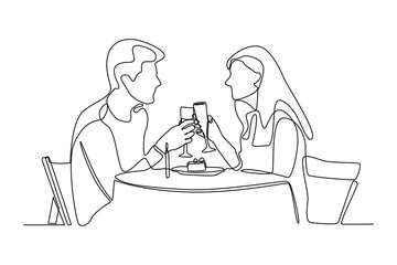 Continuous one line drawing A couple is having a romantic dinner at a restaurant. Family having meal around kitchen table together. Dinner minimalist concept. Single line draw design vector graphic il