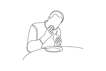 Continuous one line drawing young man having dinner alone. Family having meal around kitchen table together. Dinner minimalist concept. Single line draw design vector graphic illustration