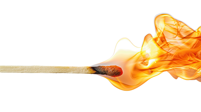Photograph of a matchstick igniting, its flame gradually expanding against a transparent background.
