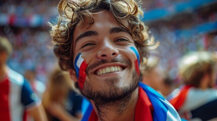 Obraz premium A closeup of a beaming crowd member with flag-themed face paint enjoying a sports event, highlighting the shared excitement and unity among fans.