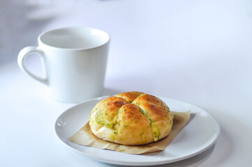 cheese bun, cream cheese garlic bread or Korean cream cheese garlic bun or cream cheese garlic bun and hot drink