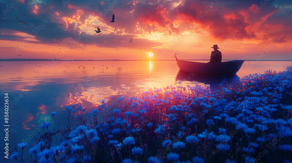 Wall mural boat in the sunset on lake