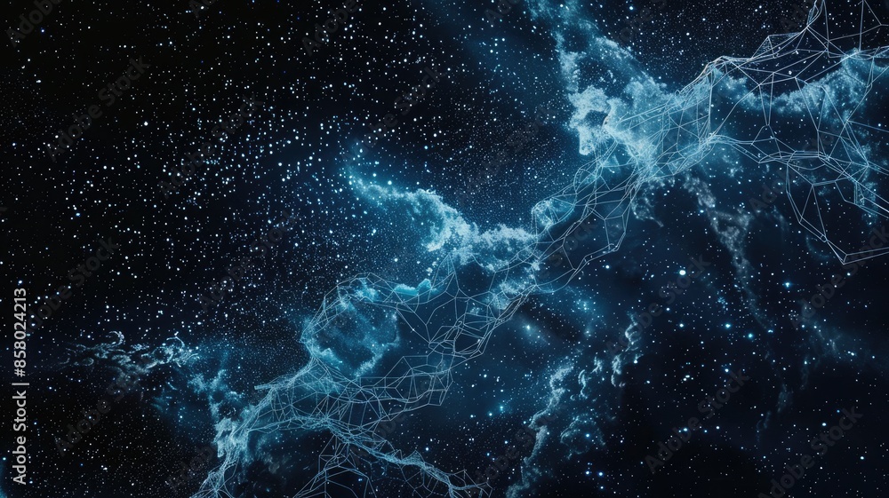 Poster abstract network connection of glowing blue connections and nodes on dark background. digital art of