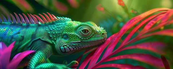 Fototapeta premium Vibrant green iguana resting among colorful tropical foliage under warm sunlight in a lush jungle environment.