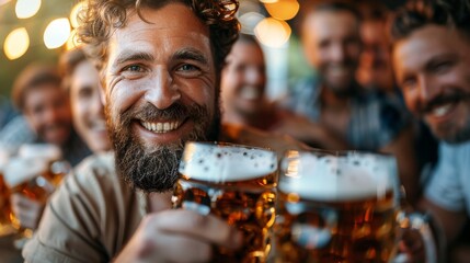 A smiling bearded man holding up a beer mug, surrounded by friends in a lively atmosphere, expresses camaraderie and joy, celebrating good times in social setting.