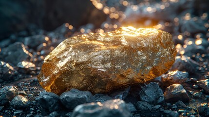 A lustrous gold nugget sits prominently in a natural outdoor setting, surrounded by a rocky backdrop, highlighting the raw beauty and allure of gold in the wild.