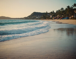 Un tramonto mozzafiato su una spiaggia caraibica, con il cielo che sfuma dal rosa all’arancione.
