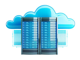 Obraz premium Modern data server with cloud technology integration, representing online storage, data security, and digital infrastructure isolated on transparent background, PNG