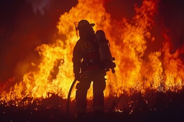 Silhouettes of firefighters against the background of fire