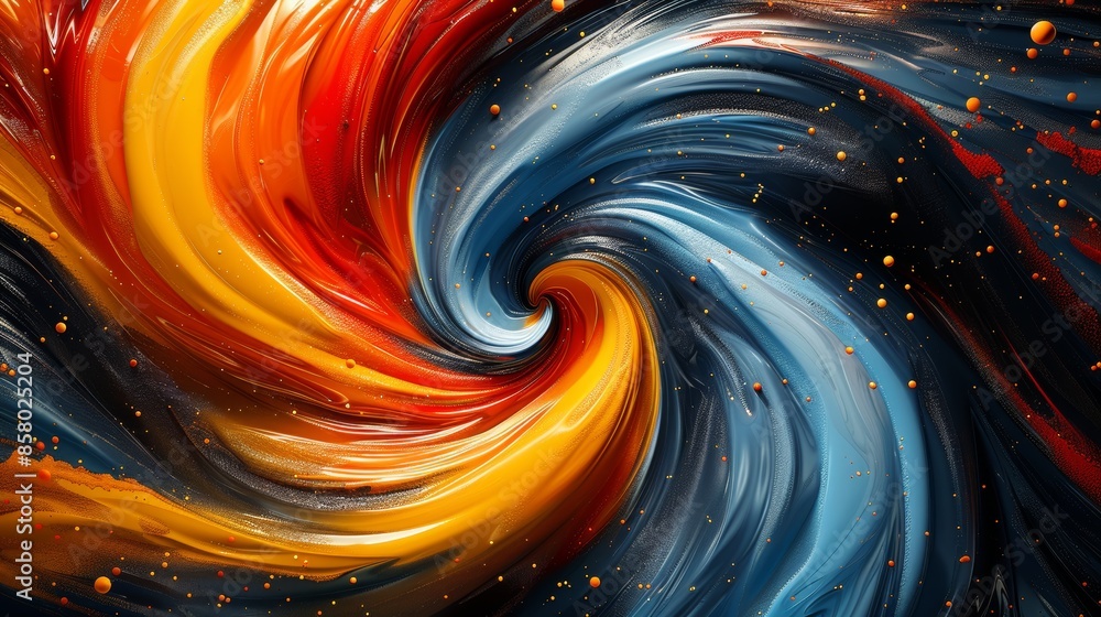 Poster an abstract artwork featuring a dynamic swirl of vibrant red, orange, and blue colors blending and t
