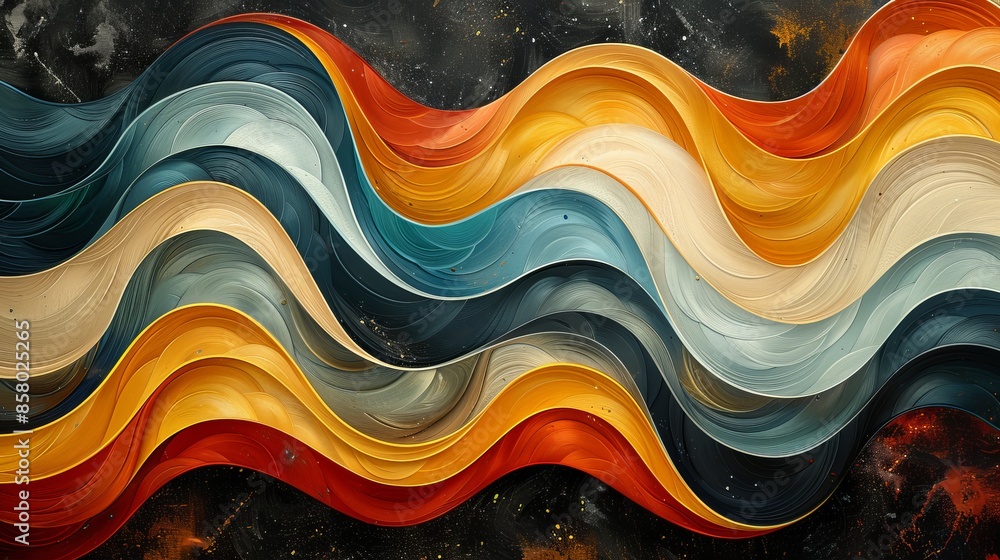 Poster an abstract piece featuring wavy lines of vibrant red, blue, and yellow shades, undulating and overl